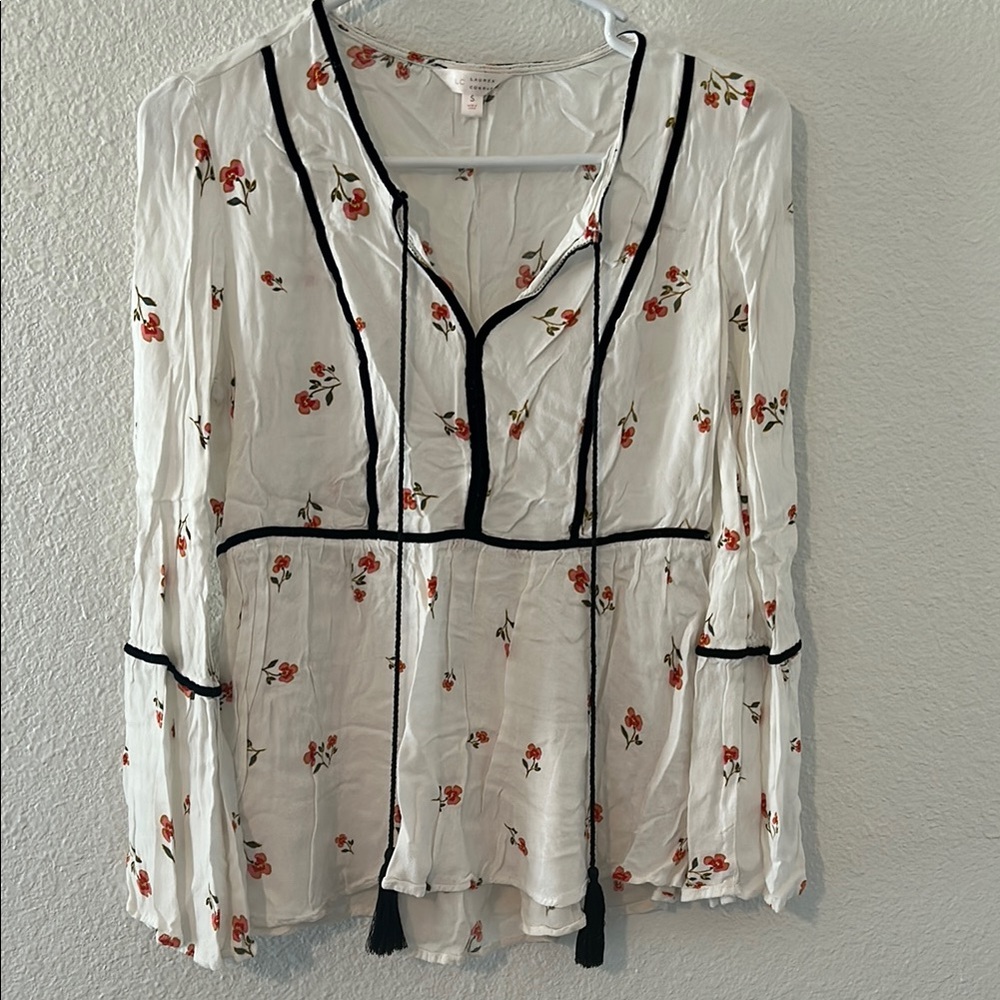 Floral White Blouse with Black Trim